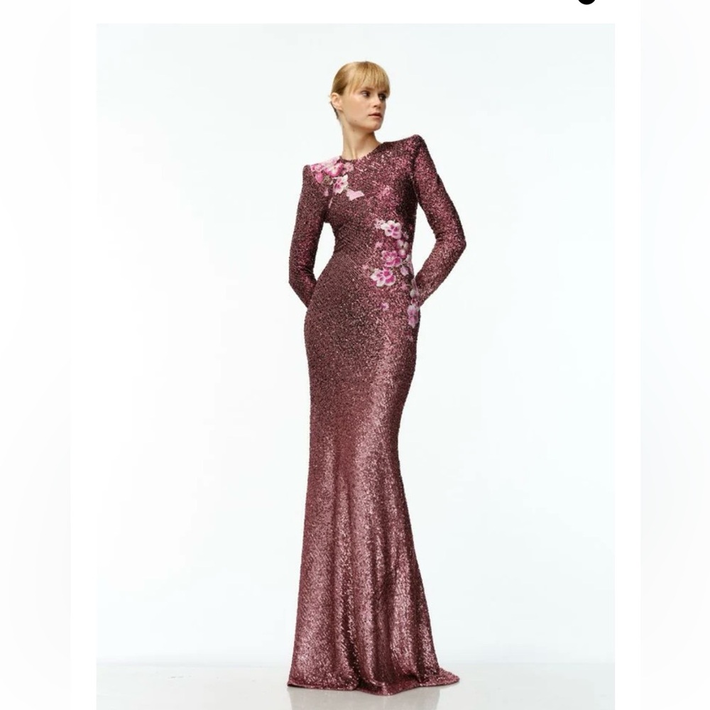 Naeem Khan Long Sleeve Sequin Gown in Pink